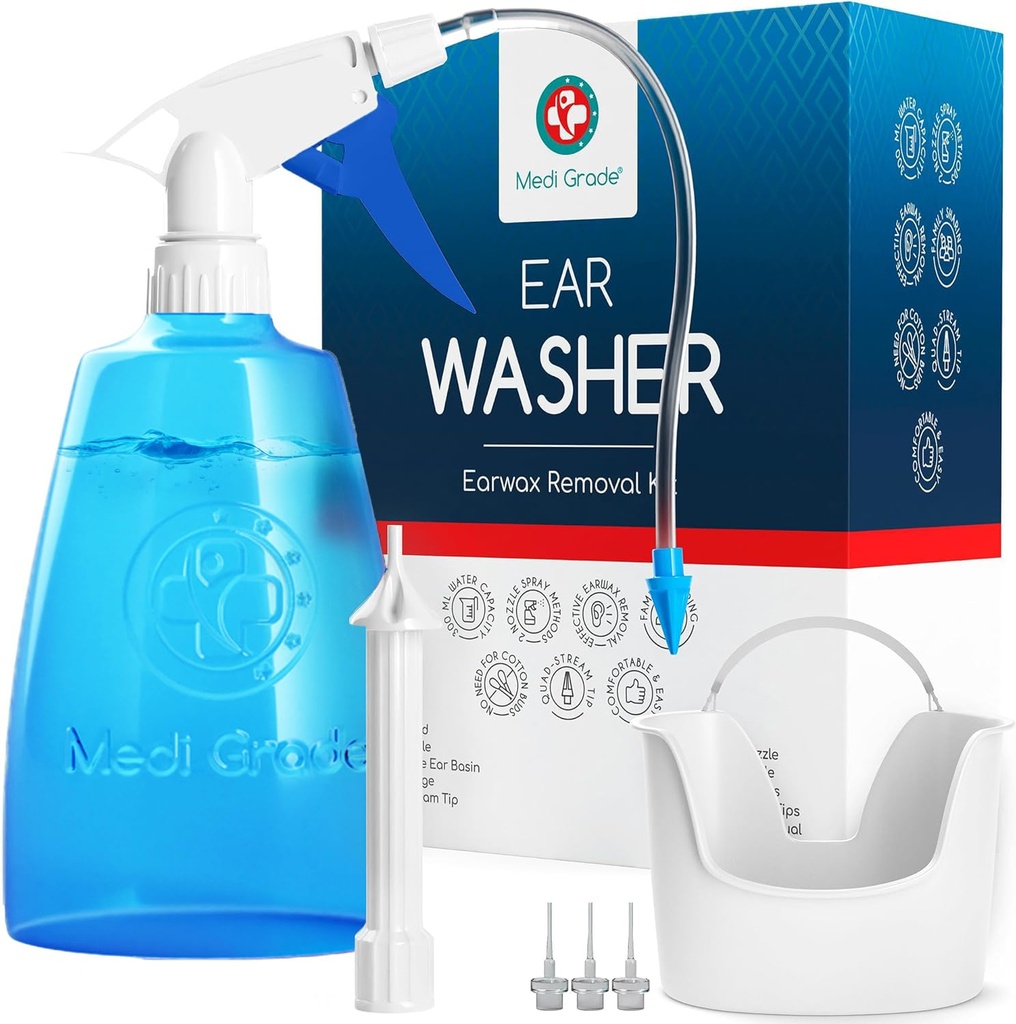 Ear Cleaner Bottle을 포함한 Medi Grade Ear Cleaning Kit, Quad-Stream tip이있는 Basin - 강화 된 Hearing Clarity 용 이어 왁스 제거 도구 - 귀 위생 용 이어 왁스 제거 도구