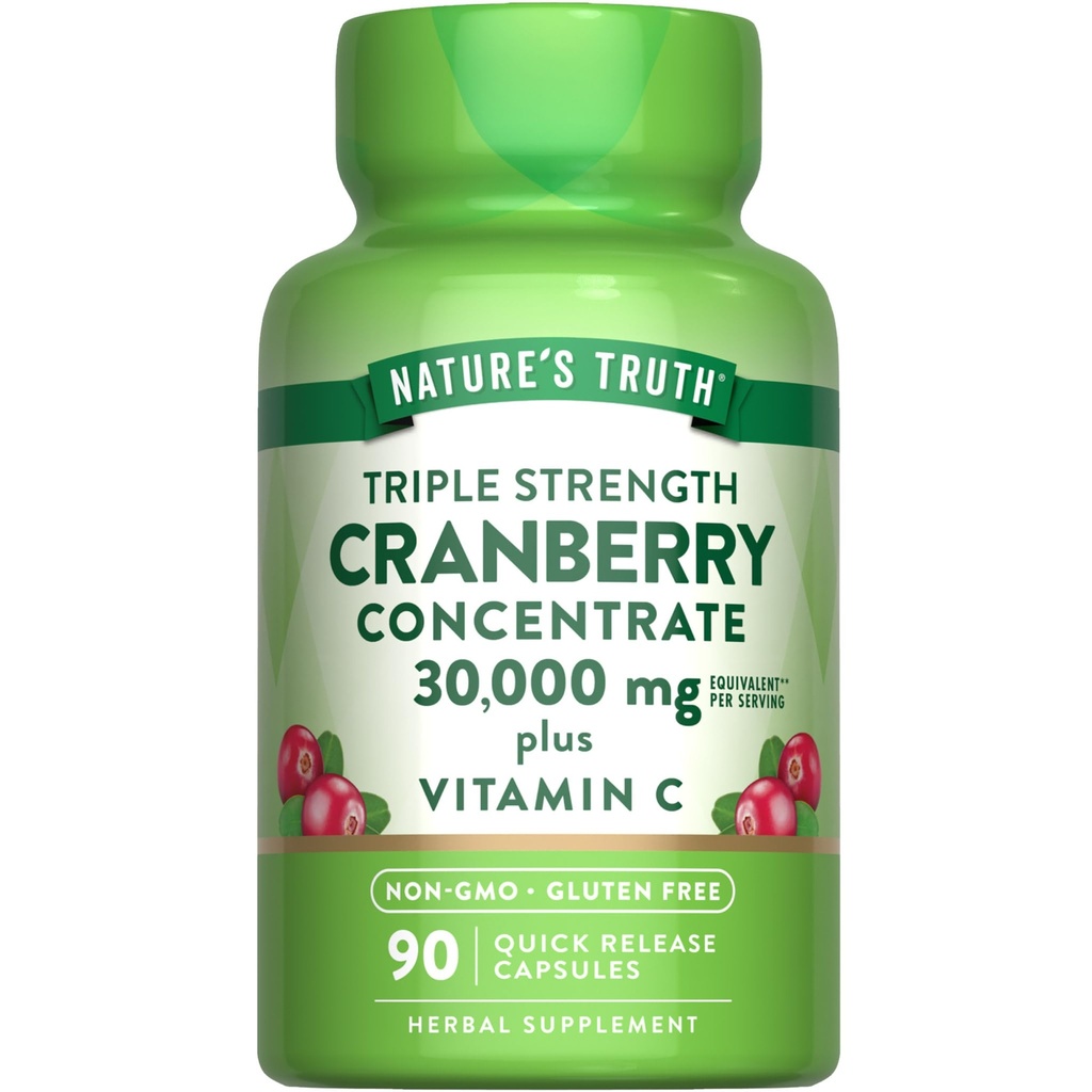 Nature's Truth Cranberry 농축액 약 30,000mg | Plus Vitamin C | Triple Strength Support Capsules | Non-GMO 및 글루텐 무료 보충