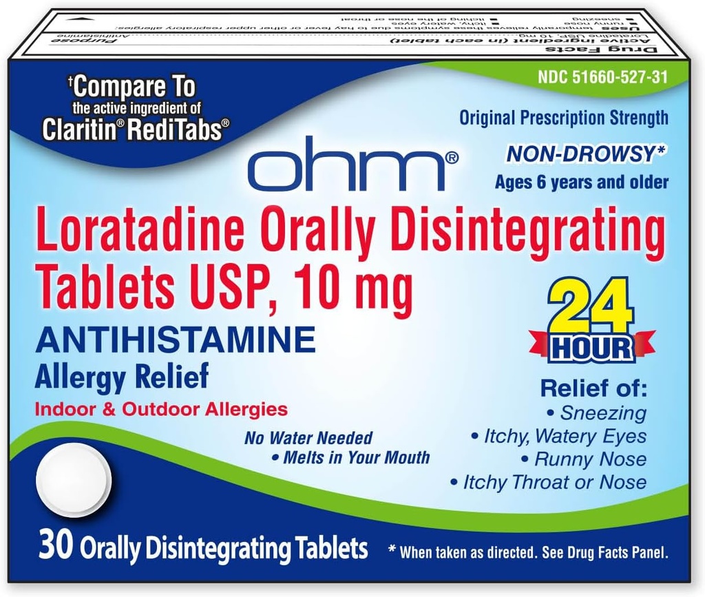 Ohm Loratadine 10 mg 알레르기 약 - 비 Drowsy 모든 일 알레르기 완화, 24 시간 Antihistamine, 구두로 정제, 효과적인 구호, 6 세 이상 - 30 개