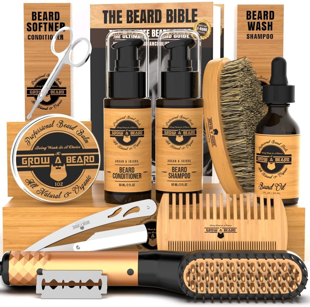 남자를 위한 Beard 직선기 손질 장비, Beard 성장 장비, 세척, 솔 & 빗, 무향한 성장 기름, 모든 자연적인 Chanel 발기, 컨디셔너, 면도칼 & 가위, 남자를 위한 중대한 선물 아이디어 (Bamboo)