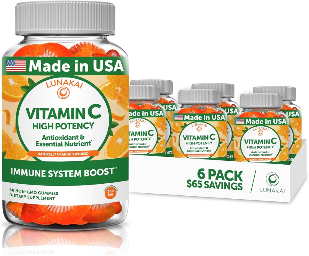 성인과 아이를 위한 Lunakai 비타민 C Gummies - 유기 VIT C Vegan Chewable Gummy 비타민 - 250 mg 성인, 아이들, 유아 Chews - 6 팩