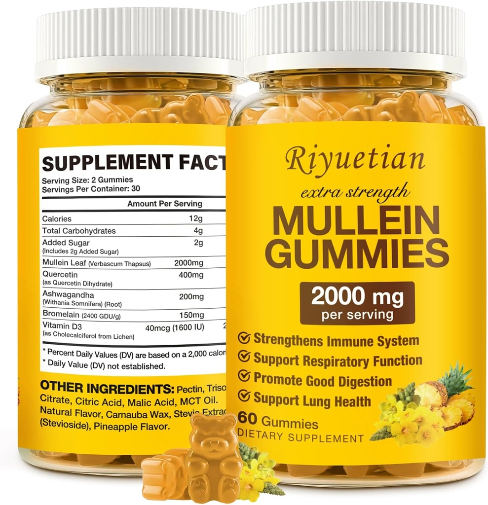 Mullein Gummies, 명확한 Lungs를 위한 2000mg 유기 Mullein 잎 추출물, 부스트 호흡 & 소화, 성인 & 아이를 위한 면역 부스터, 알레르기 친절한, 비 GMO, 60 Gummies