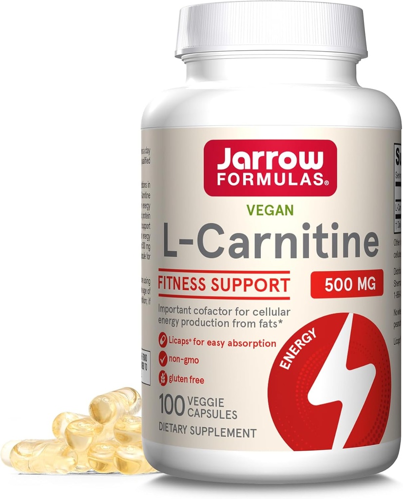 Jarrow Formulas L-Carnitine 500 mg - 100 Veggie Licaps - 지방에서 에너지 생산 (ATP)에 대한 중요한 요소 - Vegan - 100까지 서빙