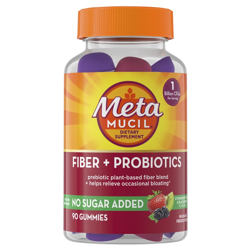 Bloating Relief를 위한 Probiotics를 가진 성인을 위한 Metamucil 섬유 Gummies, 설탕 없음 Strawberry Kiwi BlackBerry 풍미, 5g Prebiotic 식물 근거한 섬유 보충교재 혼합, 90 조사