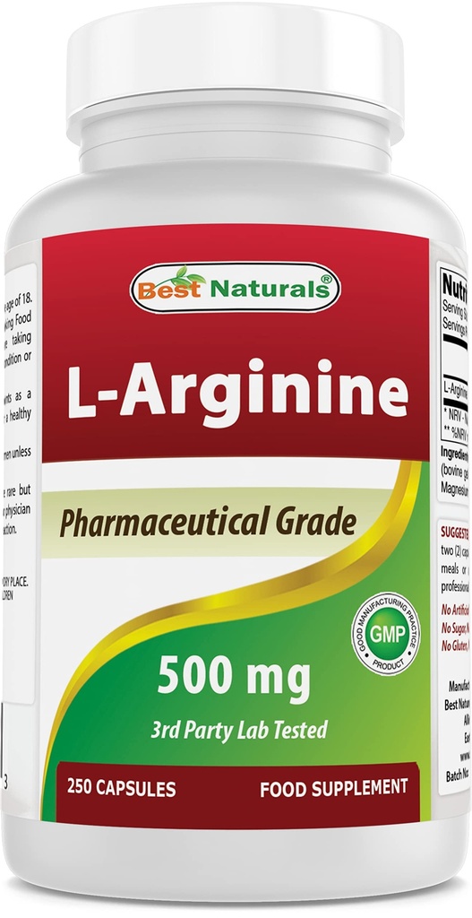 최고의 자연 L 아르기닌 500mg 250 캡슐 - 제약 학년 L 아르기닌 보충제는 산화 질소 종합을 촉진