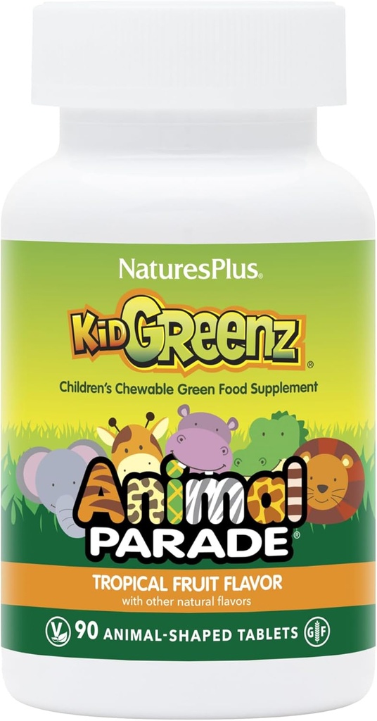 NaturesPlus Animal Parade KidGreenz, Tropical Fruit flavor - 90 Animal-Shaped, Chewable Tablets - 2 팩 - Broccoli & Spinach - 채식주의 자, 글루텐 무료 - 180 총 서빙
