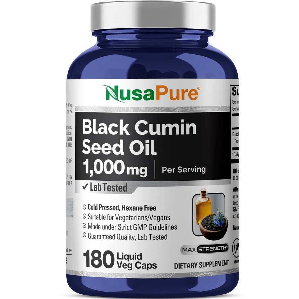 NusaPure 검정씨 기름 180 Softgel 캡슐 (비 GMO, 채식주의자) 감기 압박되는 처녀 Nigella Sativa 당 1,000 mg. Hexane 무료