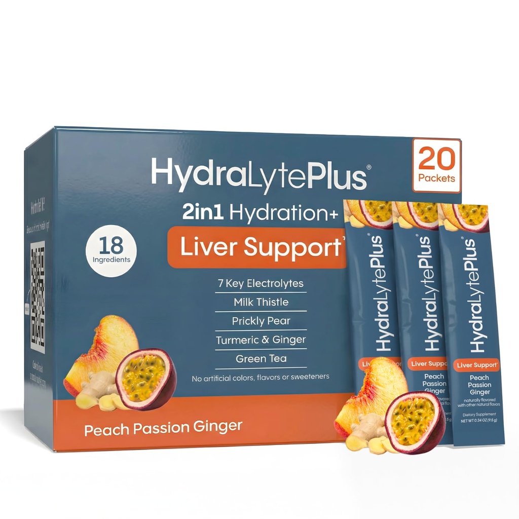 Hydralyte Liver 지원 + 우유 이틀, 심황, 생강, Prickly Pear, Rapid Rehydration (Peach Passion Ginger, 20 Packets)에 공식화 된 녹차 추출물
