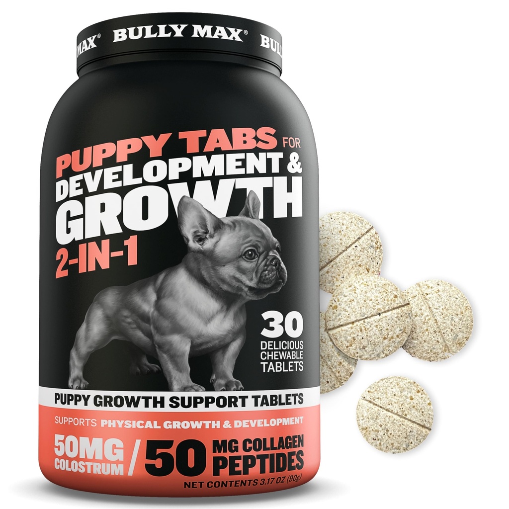Bully Max 2-in-1 Puppy Vitamins - 30 Puppies의 발달과 성장을 위한 Chewable 정제 - 개 치료, 작은 개를 위한 비타민 & 보충교재 & 큰 Breed 성장 Pups - 음식 Topper로 사용될 수 있습니다