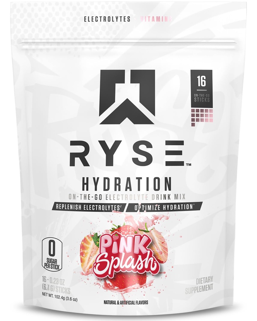RYSE Hydration Electrolyte Powder Drink Mix Packets - 핑크 스플래시 - 필수 비타민, 타우린 및 수 분열이있는 Sugar-Free Full Spectrum Electrolytes - 16 서빙 스틱