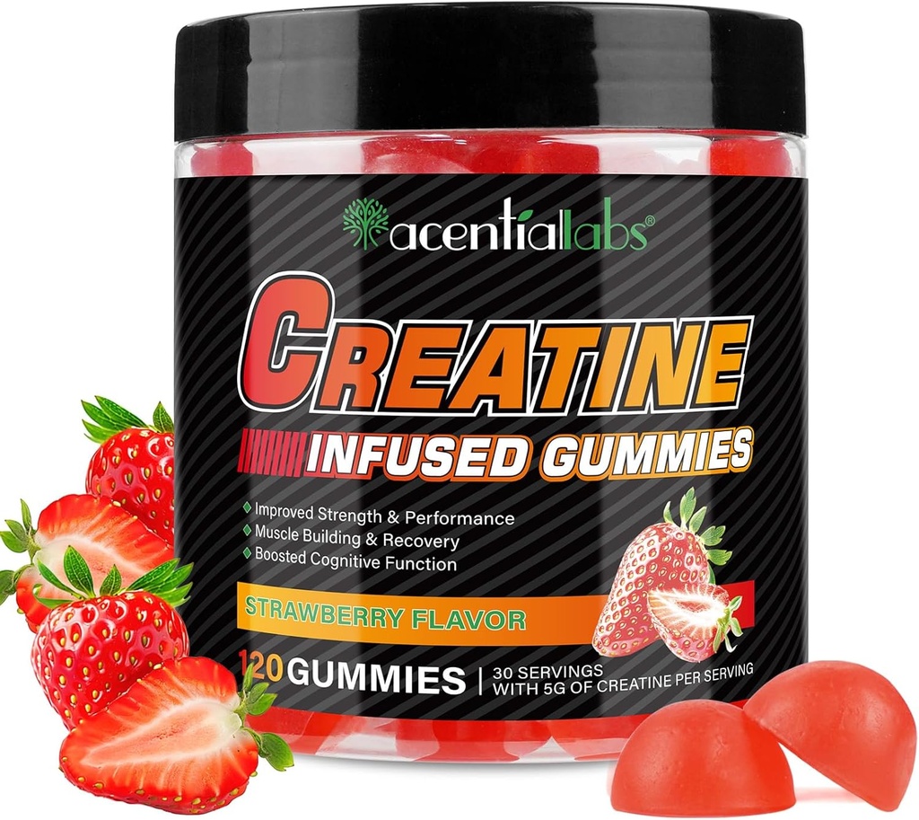 Creatine Monohydrate Gummies 남성 & 여성, Creatine Monohydrate, L-Taurine, 근육 성장을 위한 비타민 B12, 힘, 초점, 에너지 & 건강, 설탕 자유로운, Vegan, 딸기 풍미, 120 조사