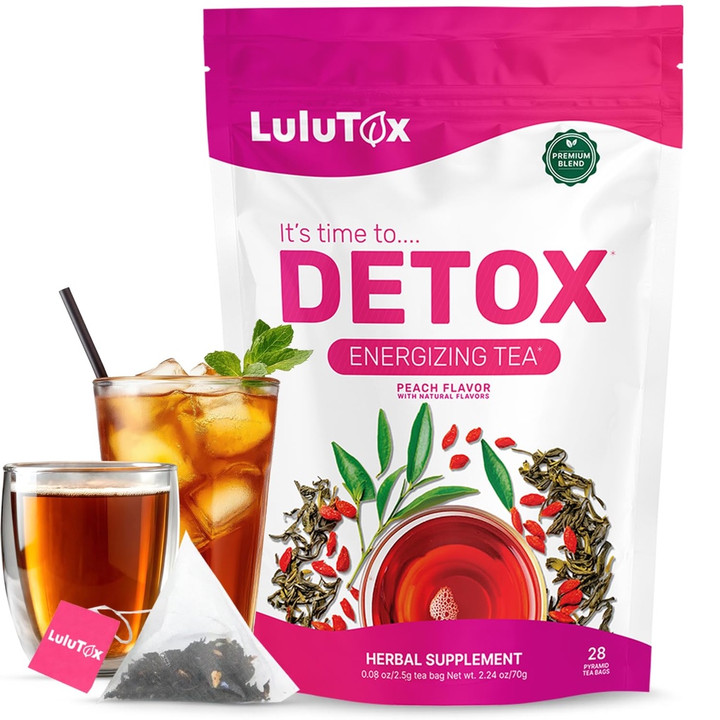 LULUTOX Detox Tea - Detox Cleanse, Flat Belly, Bloating, Healthy Weight and Digestive Health - Women & Men - Peach 풍미 (28 인분)에 대한 목표 지원에 Dandelion 및 Ginseng과 차를 슬리밍