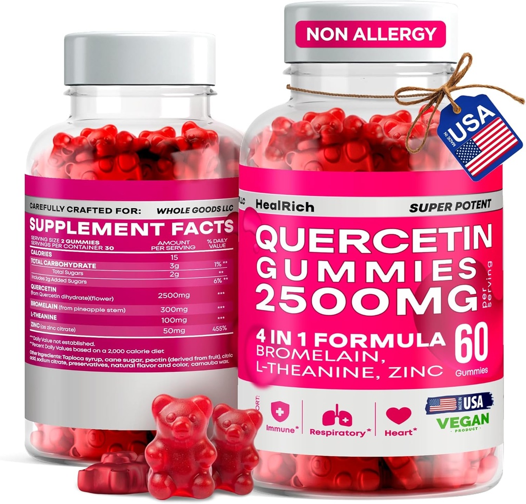 Quercetin Gummies - Bromelain L-theanine & 아연을 가진 2500MG Quercetin - 면역 체계 Lung와 알레르기 지원을 위한 순수한 보충교재 - 아이 & 성인을 위한 Immunity 승압기 Vegan 보충교재 - 미국에서 만드는