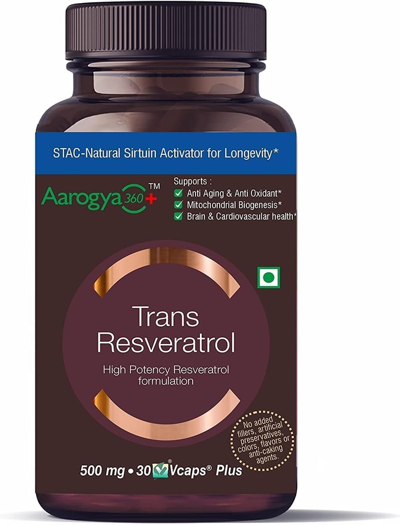 Pure Trans Resveratrol 500 mg with Bio Perine 노화 방지 피부 관리 심장 건강 & 매일 면역 지원 30 Veg 캡슐 | for Superior 흡수