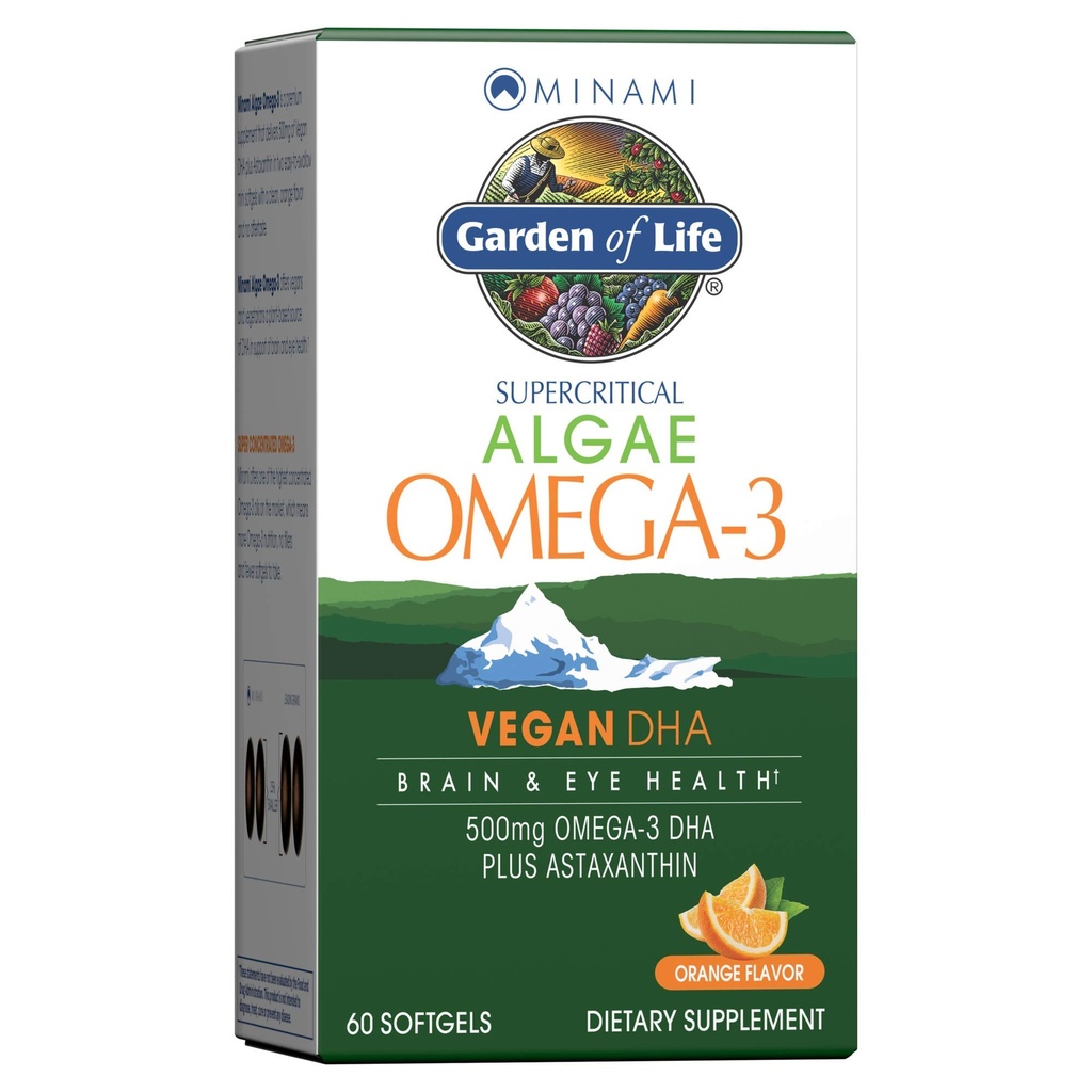 두뇌와 눈 건강을위한 생활 미나미 조류 오메가 3 Vegan DHA의 정원 - 오렌지 맛, 500mg 식물 기반 DHA 오메가 3 Vegan 조류 오일 플러스 아스타슈타인틴, 아니 후타틴, 60 Easy-to-Swallow Mini Softgel