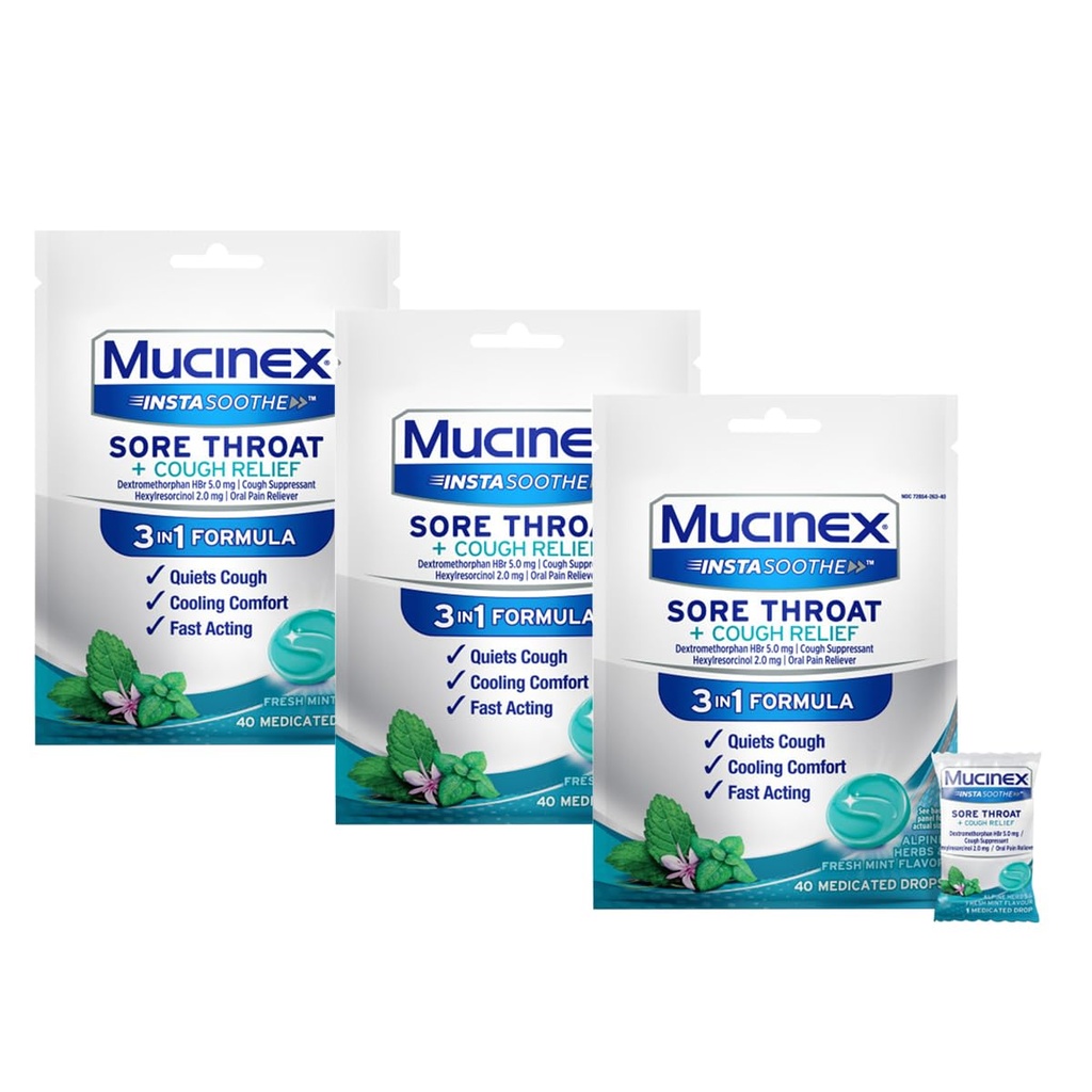 Mucinex InstaSoothe Sore Throat + Cough Relief Alpine Herbs & Mint flavor, 빠른 행동, 냉각 컴포트, 강력한 Sore Throat 구두 통증 Reliever, 40 Medicated Drops (40 Count (Pack of 3))