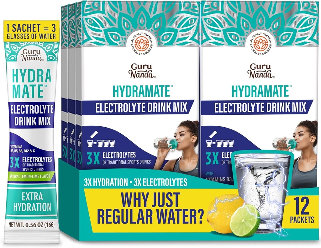 GuruNanda Hydramate Hydration 지원 음료 혼합 - 탈수, 운동 및 에너지를위한 전해질 분말 패킷 - 추가 감미료, 비 GMO, 천연 레몬 라임 풍미 - 12 개 (각 0.56 oz)