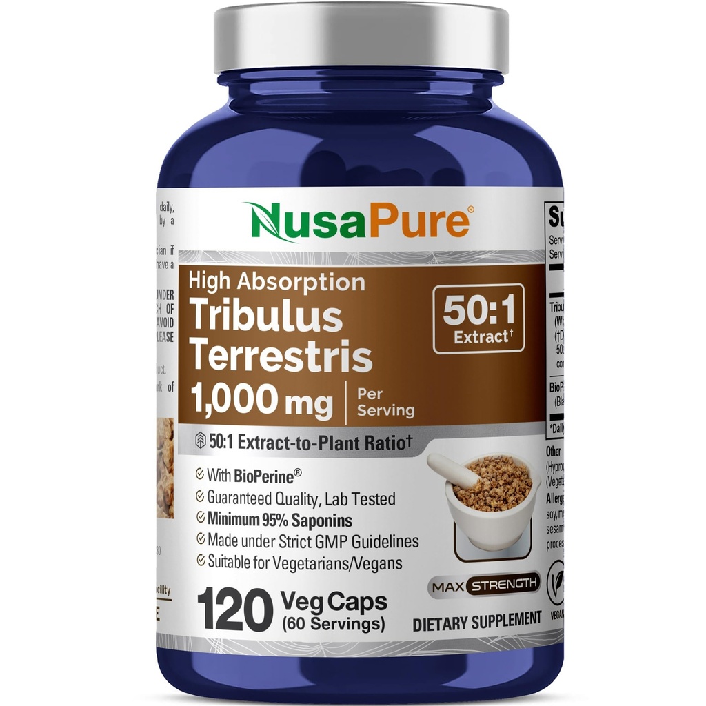 NusaPure Tribulus Terrestris 50 : 1 추출물, 50,000mg에 해당하는 1000mg|120 Veggie Cap | 95 %의 스테로이드 사포 인 | 비 GMO, Bioperine
