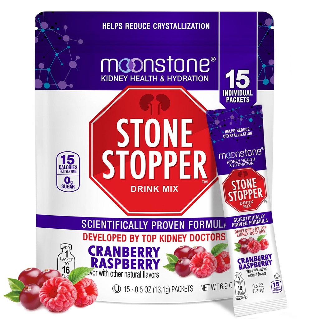 Moonstone Stone Stopper Drink Mix, Cranberry Raspberry, Kidney Stone Prevention, 칼슘 Oxalate Protector, Hydration 및 Support Kidney Health, 15 일 공급을 개선하기 위해 Urologists에 의해 개발