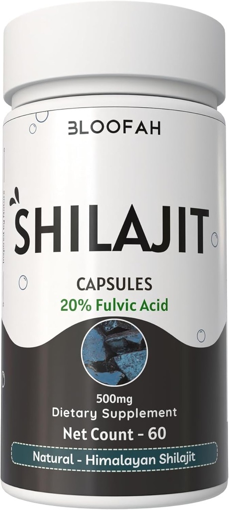 Shilajit 캡슐 500mg | 20 % 추출물 분말 | 순화 된 아스팔트 보충 고순도 농축 추출물 | 비 GMO, 글루텐 프리 | 프리미엄 품질 (60 개)