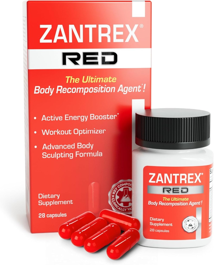 Zantrex Red Body Recomposition & Active Energy Booster Supplement | 몸 조각, 증가 초점 및 운동 성능 지원 | 28 캡슐