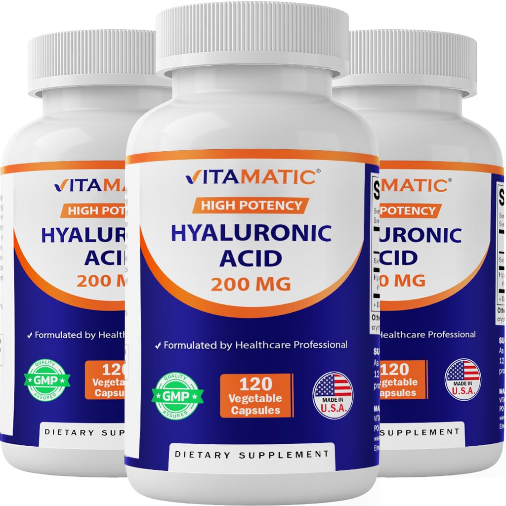 Vitamatic 3 팩 Hyaluronic 산은 200mg를 보충합니다 - 건강한 연결 조직 및 합동을 지원하십시오 - Youthful 건강한 피부를 승진시킵니다 - 총 360의 캡슐