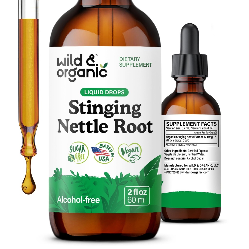 Wild & Organic Stinging Nettle Root Drop - 남성 및 여성을위한 스팅 Nettle Extract Tincture - 액체 Urtica Dioica Supplement - Vegan, Sugar & Alcohol-Free - 2 fl oz