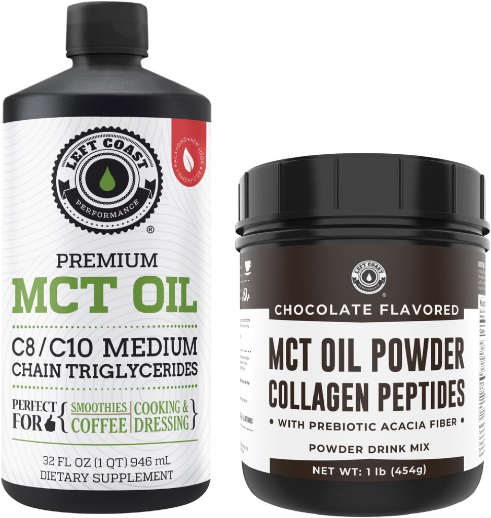 왼 해안 성과 100%년 코코넛 MCT 기름 액체, 32oz + 초콜렛 Keto MCT 분말, 교원질 & Prebiotic 섬유, 16oz