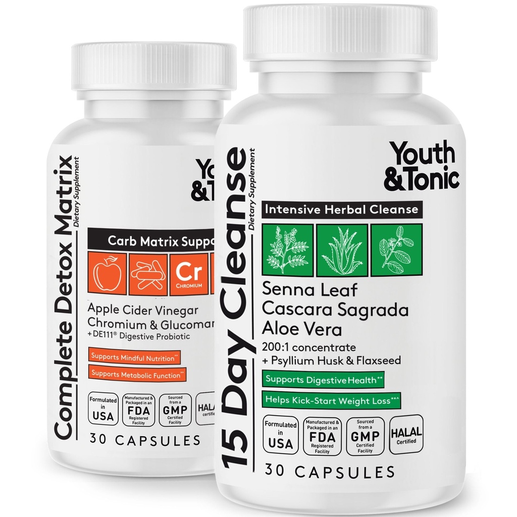 젊음 & 음 15 일 정화 & 침식, Gut & Metabolism 건강에 대 한 Carb 매트릭스 지원, 플 라우, 느낌 라이터 & Energized, 콜론 클렌저 & ACV, Glucomannan, 크롬, 60 알약