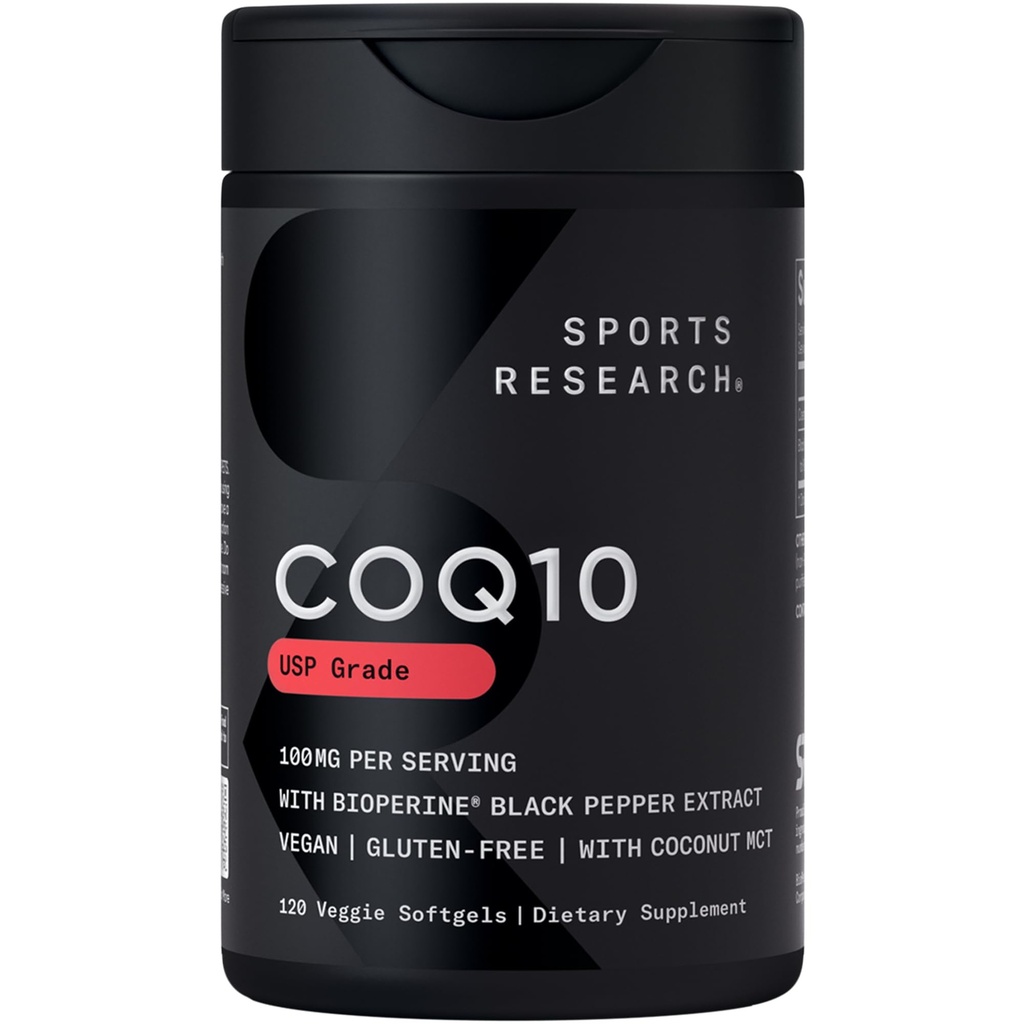 스포츠 연구 CoQ10 (100mg) 더 나은 흡수를 위한 강화된 w/Coconut 기름 & Bioperine (검정 고추) | Vegan 증명하는, 비 GMO Verified (120 Veggie Softgels)