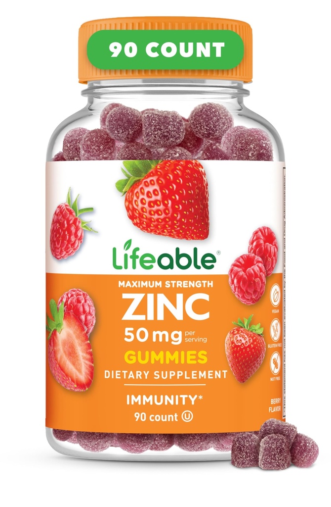 Lifeable Zinc Gummies | 50mg | 그레이트 타스팅 천연 풍미 아연 비타민 | 글루텐 프리, 채식, GMO-Free 아연 화학성 | 면역력 강화 | 90 Gummies
