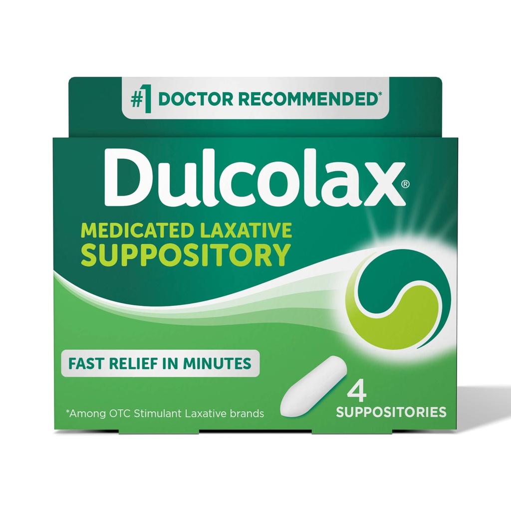 Dulcolax 자극제 Laxative Medicated 좌약, Predictable & 효과적인 변비 기복, Bisacodyl 10 mg, 4 조사