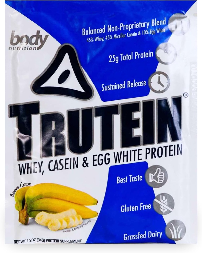 몸 영양 Trutein 높은 단백질 분말: 45% Whey, 45% Casein, 10% 계란 백색, 글루텐 자유로운, 낮은 나트륨, 잔디 페더럴 익스프레스 Whey 단백질 분말, 체육관 보충교재 & 아침 Shake, 바나나 크림, 34g 표본