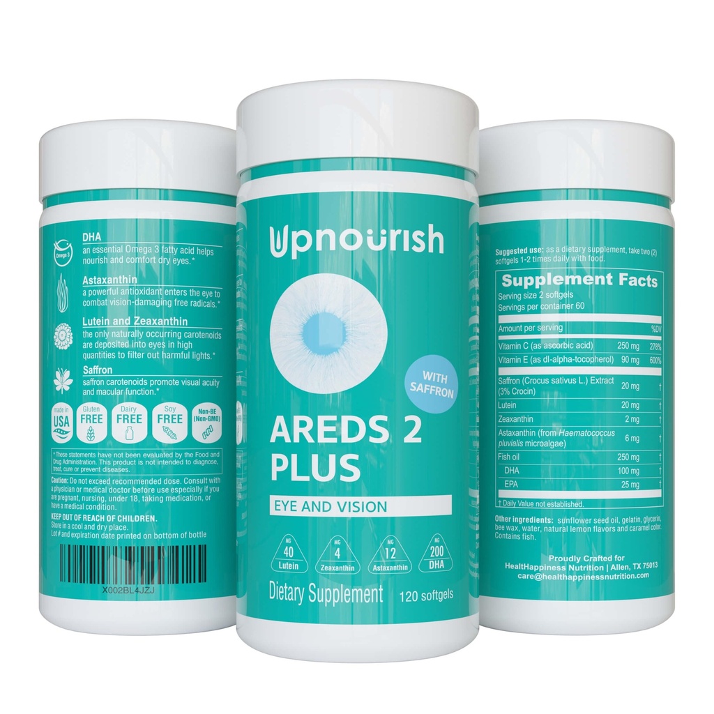 UpNourish AREDS 2 플러스 아이 비타민 보충, Lutein, Zeaxanthin, Saffron, Astaxanthin & DHA - 120 softgels를 가진 AREDS 2 아연 자유로운 공식