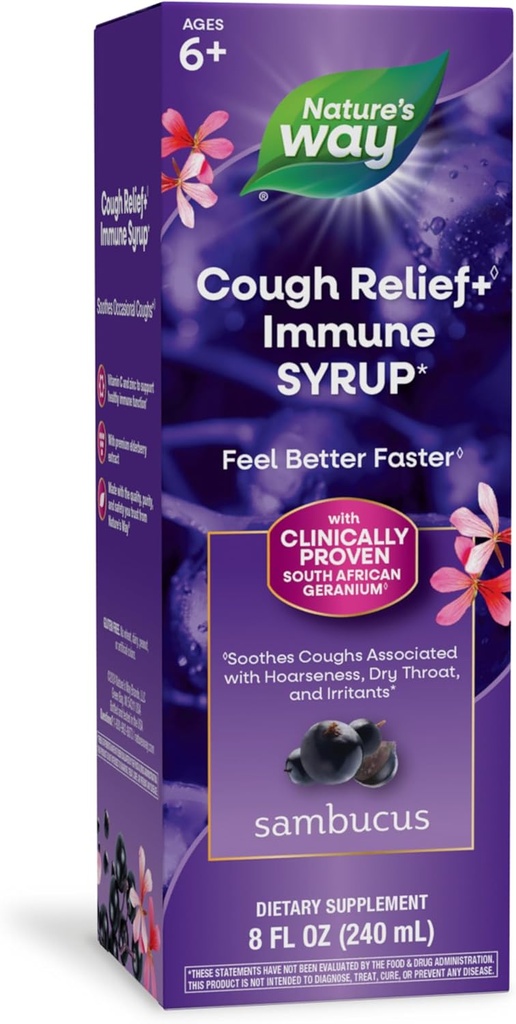 Nature 's Way Sambucus Cough Relief +(1) Immune Syrup*, Feel Better Faster(1), Elderberry Extract, 비타민 C 및 아연, 8 Oz (패키지 May Vary)와 함께 임상적으로 입증 된 남아프리카 Geranium,