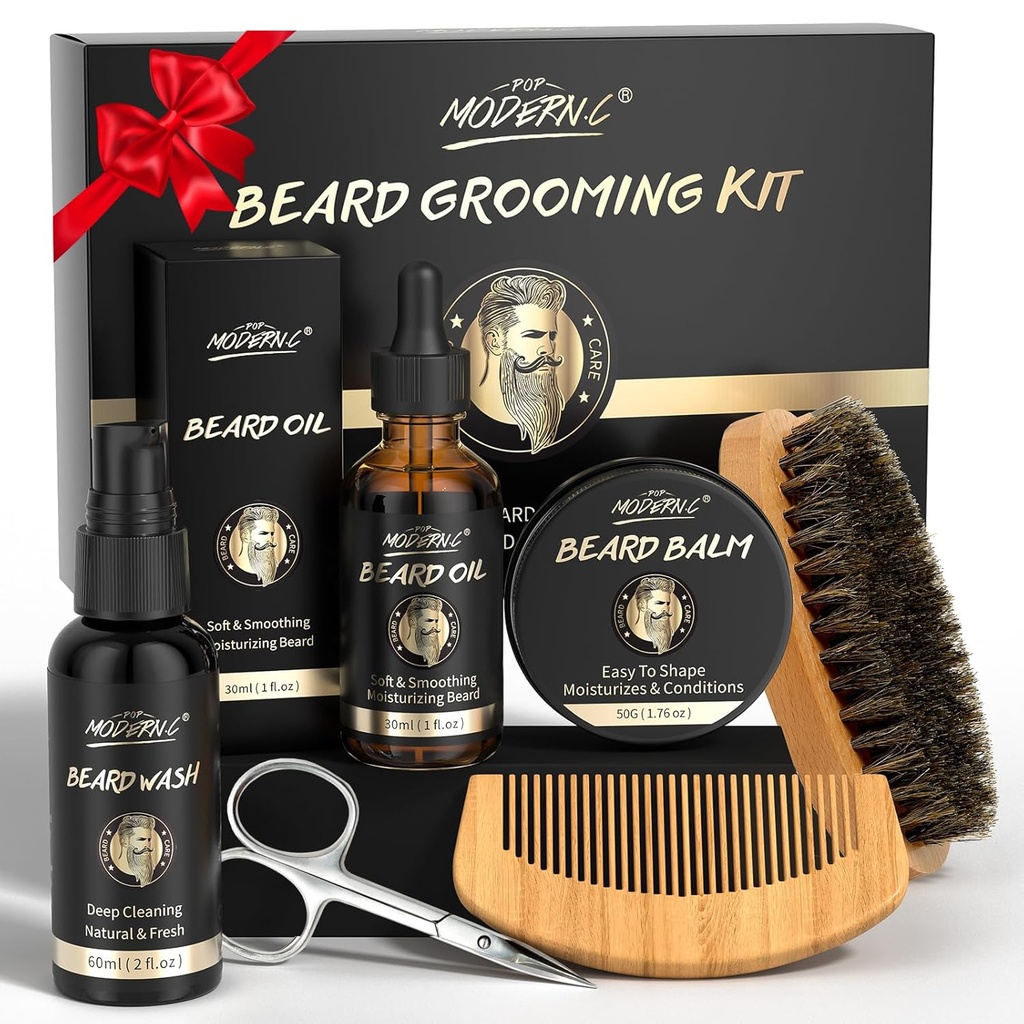 POP MODERN.C Beard 성장 장비 Beard Grooming 장비 6pcs Beard 세척 샴푸 Beard 기름 Beard Balm Beard 빗 솔 가위