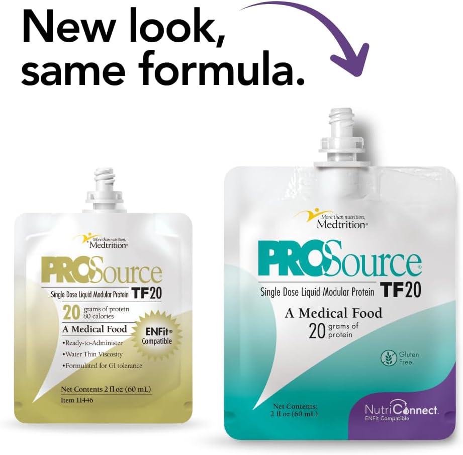 Medtrition NutriConnectTM ProSource® TF20 - ENFit® 튜브 공급을위한 호환 모듈 형 단백질 보충 – 60mL 파우치의 20g 액체 단백질 – 지원 Aspen Guidelines & ICU 영양