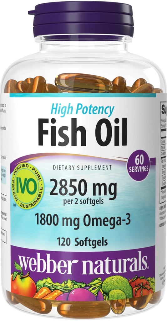 Webber Naturals Fish Oil 2850 mg, 높은 효능, 서빙 당 1,800 mg 오메가-3, 120 Clear Enteric Softgels, No Fishy Aftertaste, Ultra-Purified, 지원 심장,인지, 관절 건강