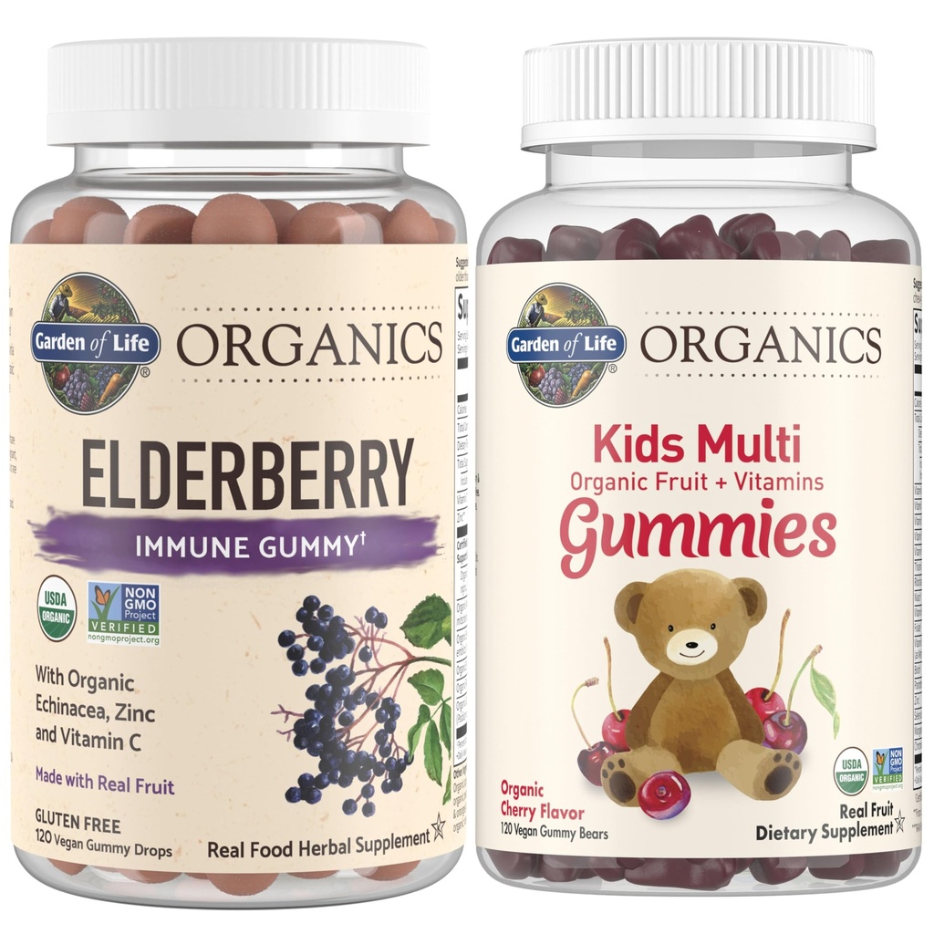 생명 유기 어린이 면역 뭉치의 정원 – Elderberry Immune 지원 Gummies (120 조사) + 인증 유기 어린이 Multivitamin Gummies, Non-GMO, 글루텐 무료, Cherry (120 조사)