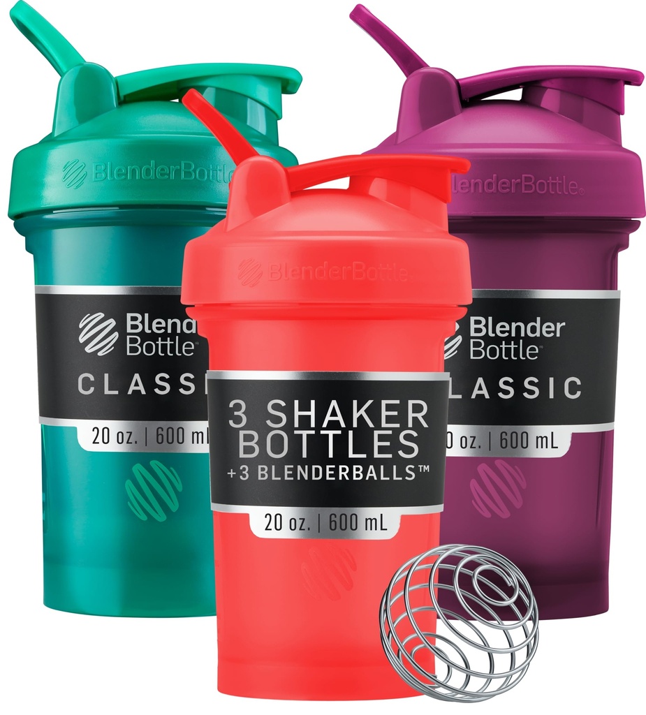 BlenderBottle Classic V2 Shaker Bottle Perfect for Protein Shakes and Pre Workout, 20-Ounce (3 팩), 레드, 그린, 배관
