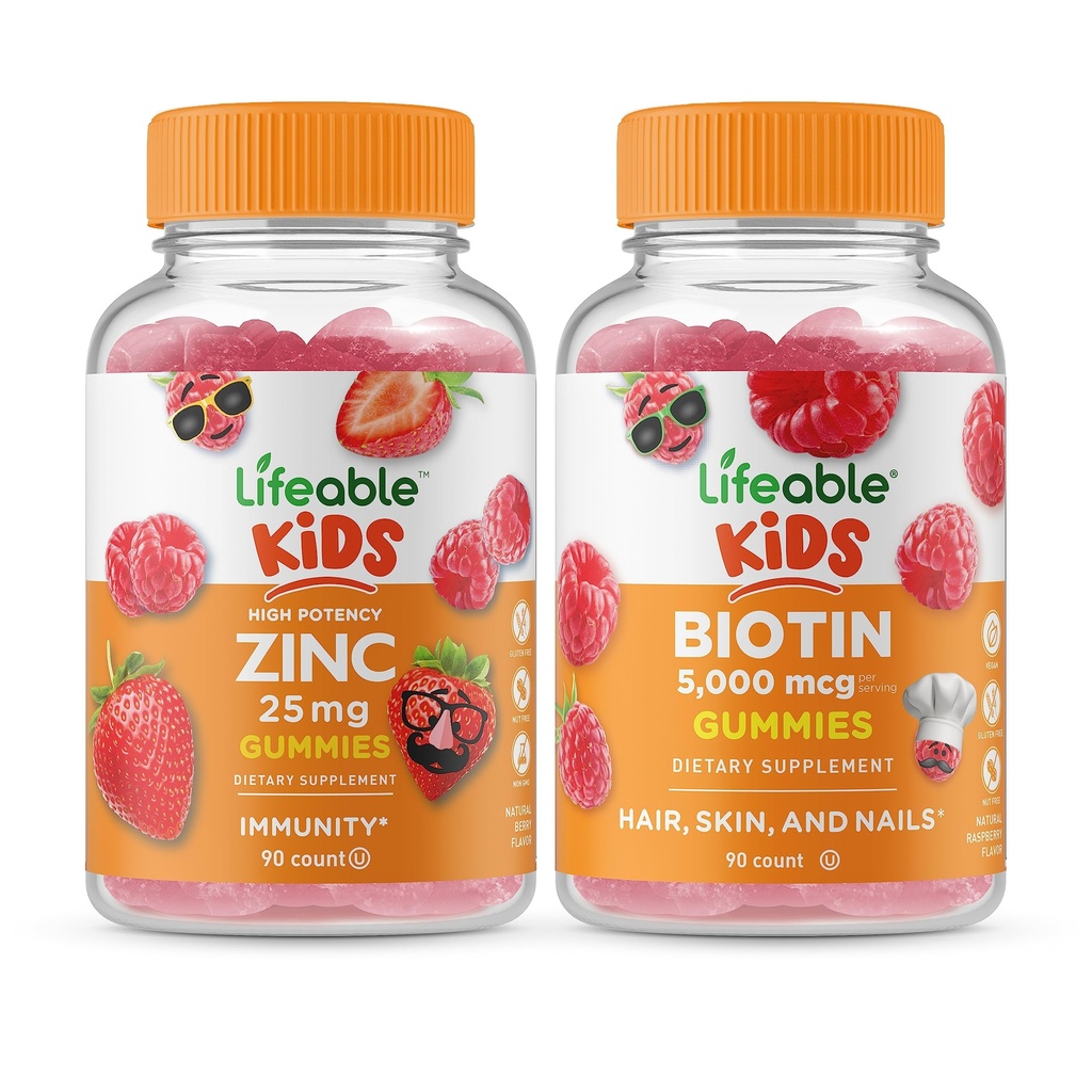 Lifeable 아연 25mg 어린이 + Biotin 어린이, Gummies 번들 - 훌륭한 타스팅, 비타민 보충, 글루텐 무료, GMO 무료, Chewable Gummy