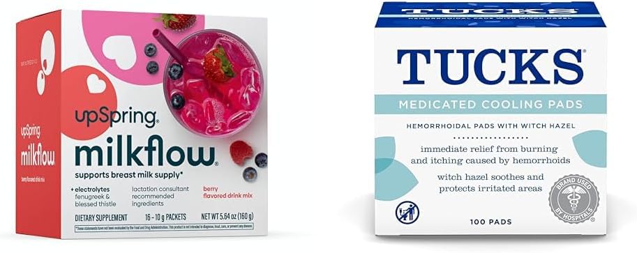 UpSpring Milkflow Electrolyte Breastfeeding Supplement Drink Mix with Fenugreek | 베리 맛 | 16 음료 혼합 + TUCKS Medicated 냉각 패드, 100 개