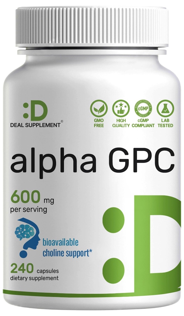 서빙 당 알파 GPC 600mg, 240 캡슐 - Bioavailable Choline Replenishment - 메모리 및 초점을위한 Nootropic 두뇌 건강 보조 - Non-GMO, 글루텐 무료