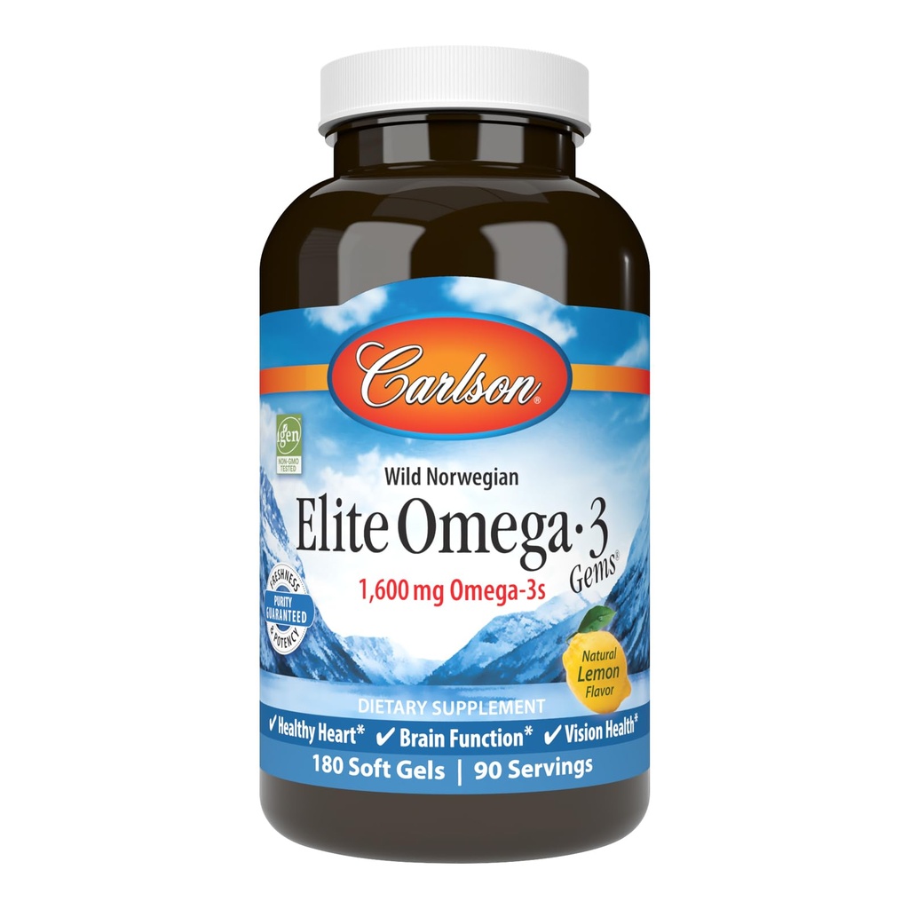 Carlson - 엘리트 Omega-3 보석, EPA와 DHA를 포함하여 1600 mg Omega-3, 노르웨이어, 야생 잡힌 물고기 기름 보충교재, 지속 가능한 Sourced, 레몬, 180 Softgels