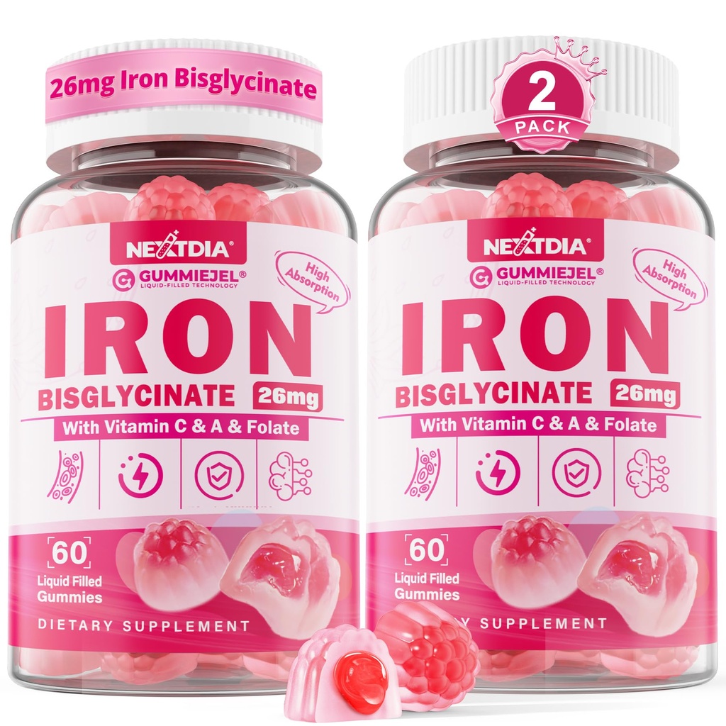 여성 및 남성을위한 Vegan Iron Supplement Gummies - 성인 및 어린이를위한 w / 비타민 C Folate B12 아연, 철 결핍을위한 Chewable Gentle Iron, 에너지 부스트, 비 규정 & 맛 후, 설탕 무료 2 팩