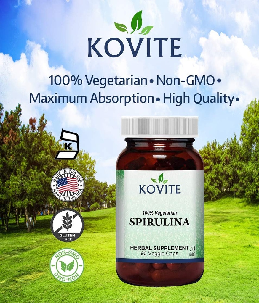 Spirulina 캡슐 - 90 야채 캡슐 - 450 mg 유기 Spirulina 분말이 있습니다 - Kosher & Vegan