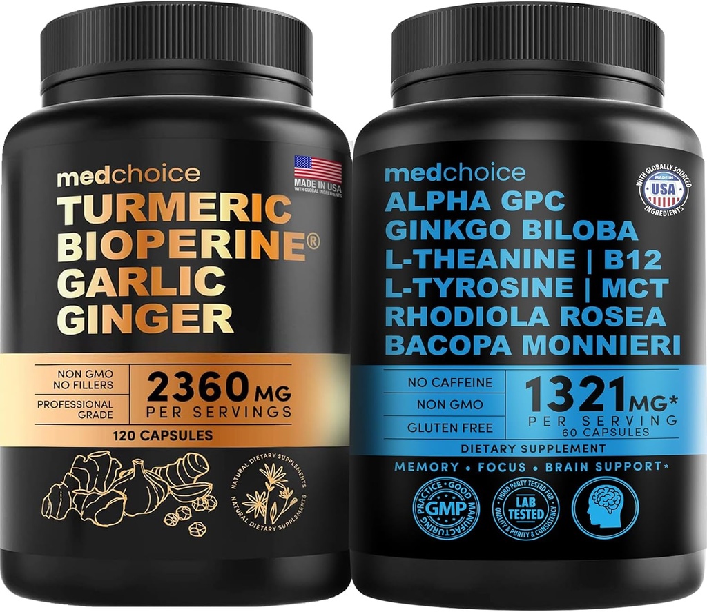 MEDCHOICE Turmeric & Ginger (120ct) 및 Nootropic Brain (60ct) 보충 번들 - 관절, 소화, 두뇌, & 무드 지원을위한 웰빙 듀오 - Vegan, Non-GMO, 글루텐 프리