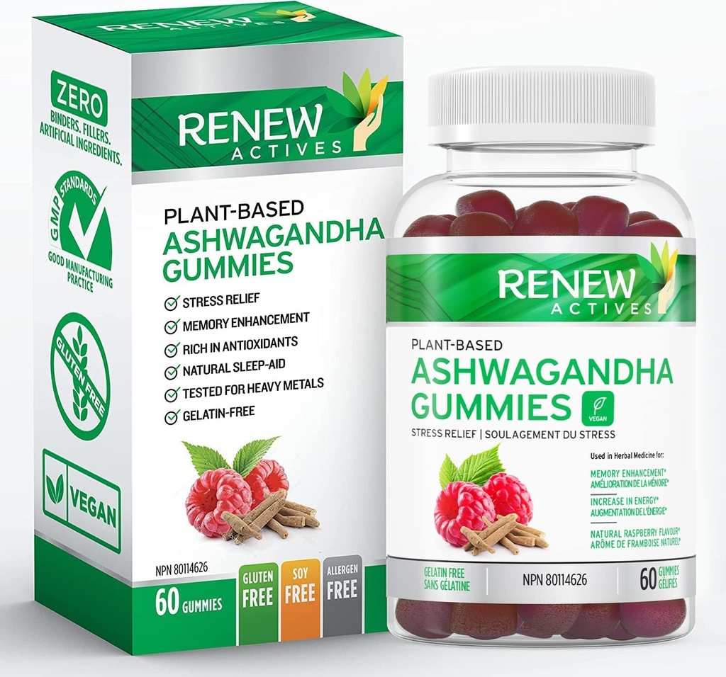 Renew Actives Ashwagandha 100MG per 4 Gummies – Memory, Focus & Energy Boost – 전통적으로 Rejuvenative Tonic – Vegan, Herbal Adaptogen – 캐나다에서 만든 – 60 Gummies