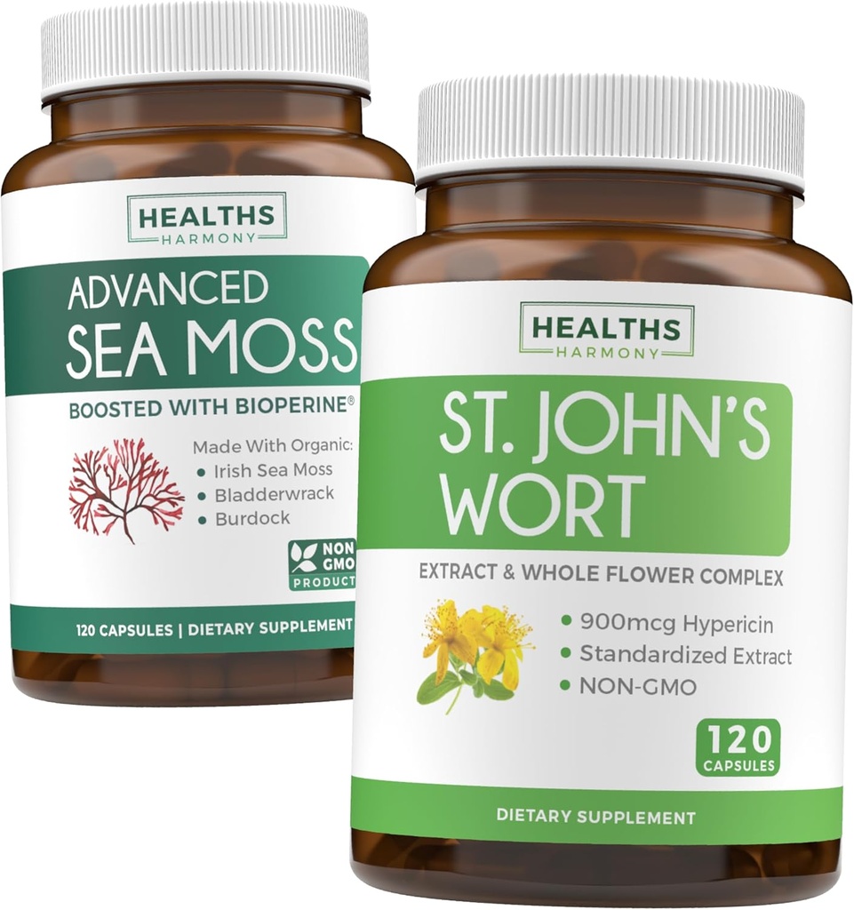 Sea Moss & St. John 's Wort (2 개월 공급) 무드 모스 혼합 - 유기 아일랜드어 Sea Moss - Raw Vegan Supplement (120 모자) & St John 's Wort 강력한 900mcg Hypericin Vegan Non-GMO (120 캡슐)