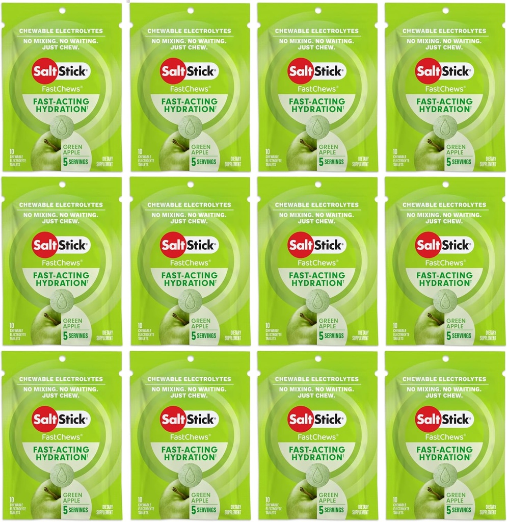 SaltStick Electrolyte FastChews - 120 카운트 그린 애플 맛 - Hydration, 소금 탭을위한 전해질 정제 - 10 카운트 (12 팩)